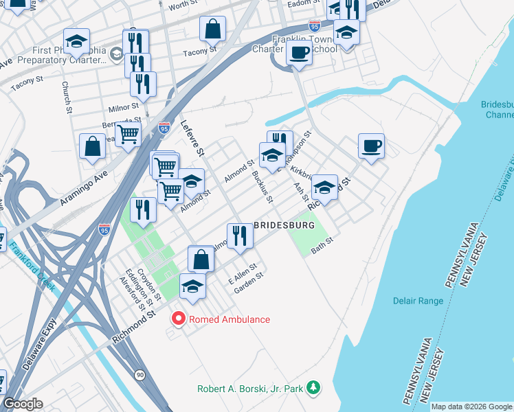 map of restaurants, bars, coffee shops, grocery stores, and more near 4539 Edgemont Street in Philadelphia