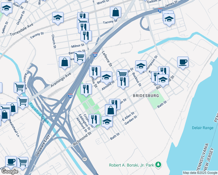 map of restaurants, bars, coffee shops, grocery stores, and more near 4445 Almond Street in Philadelphia