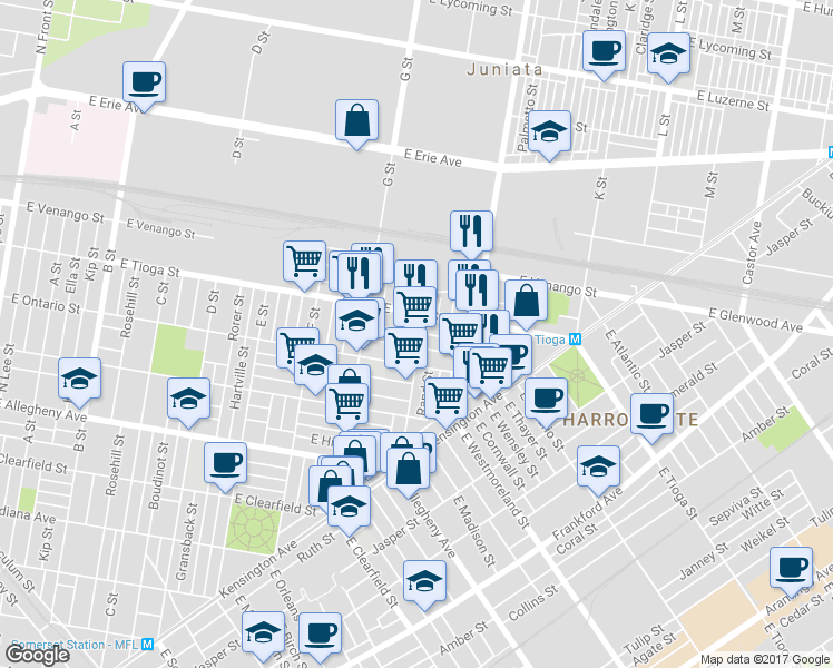 map of restaurants, bars, coffee shops, grocery stores, and more near 3434 H Street in Philadelphia