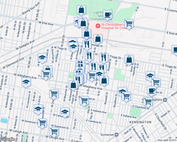 map of restaurants, bars, coffee shops, grocery stores, and more near 3319 North Water Street in Philadelphia