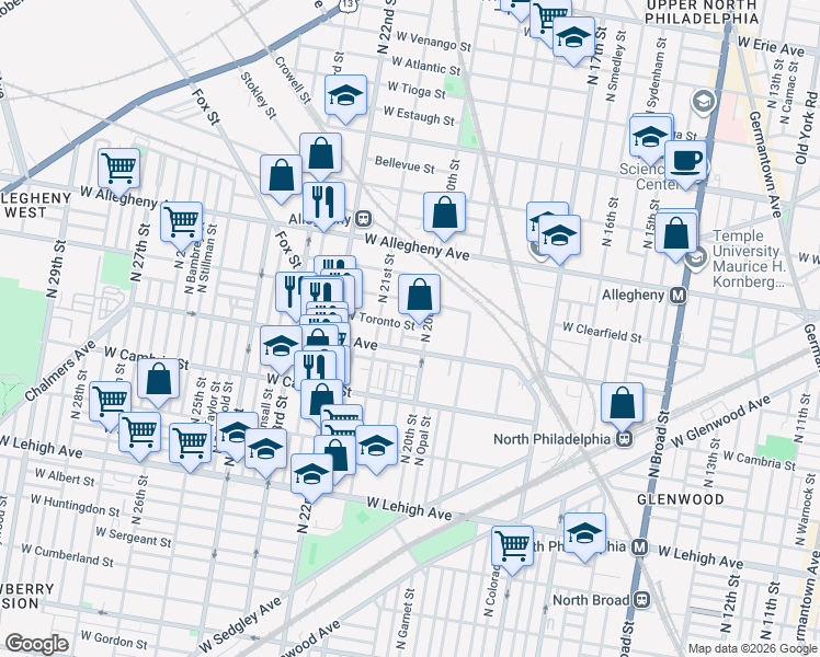 map of restaurants, bars, coffee shops, grocery stores, and more near 2020 West Toronto Street in Philadelphia