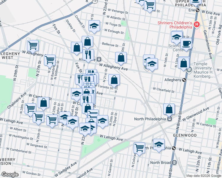 map of restaurants, bars, coffee shops, grocery stores, and more near 2020 West Toronto Street in Philadelphia