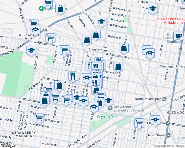 map of restaurants, bars, coffee shops, grocery stores, and more near 2239 West Indiana Avenue in Philadelphia