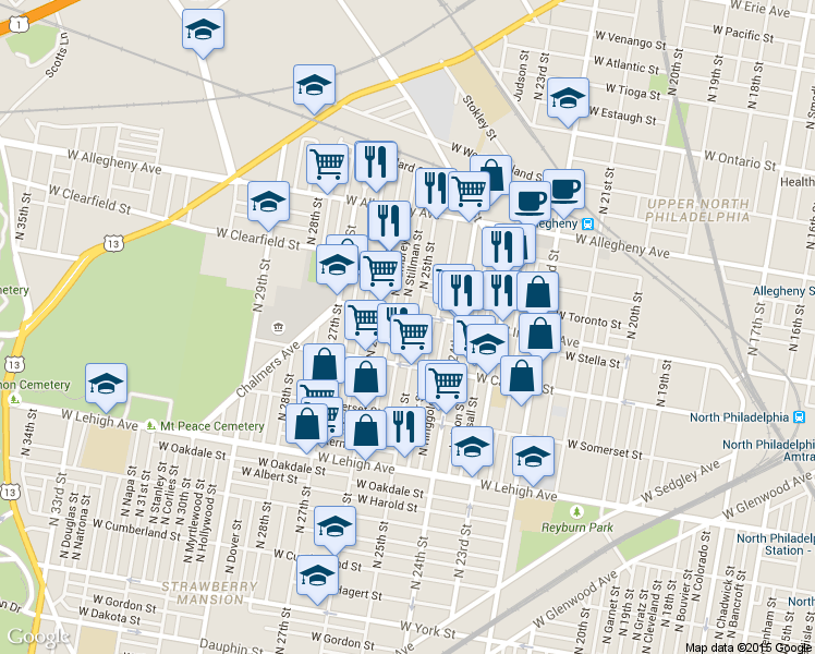 map of restaurants, bars, coffee shops, grocery stores, and more near 2949 North Bambrey Street in Philadelphia