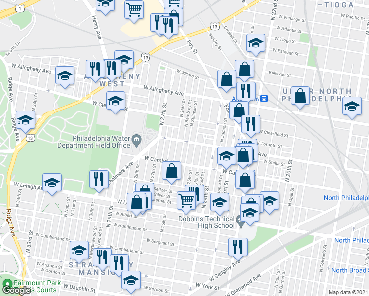 map of restaurants, bars, coffee shops, grocery stores, and more near 2949 North Bambrey Street in Philadelphia
