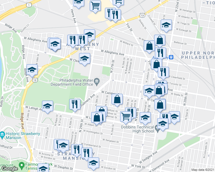 map of restaurants, bars, coffee shops, grocery stores, and more near 2927 North Marston Street in Philadelphia