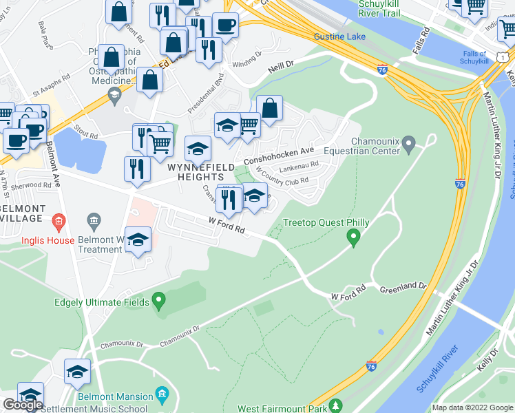 map of restaurants, bars, coffee shops, grocery stores, and more near 3917 Ellington Road in Philadelphia