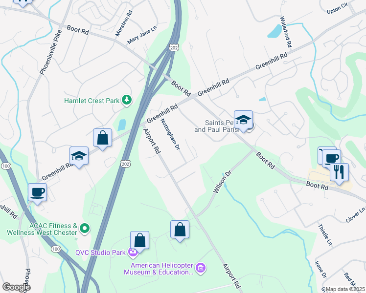 map of restaurants, bars, coffee shops, grocery stores, and more near 1121 Nottingham Drive in West Chester