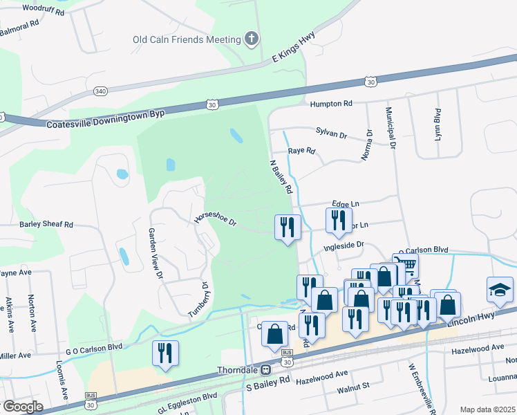 map of restaurants, bars, coffee shops, grocery stores, and more near 101-199 Bluff Rd in Coatesville