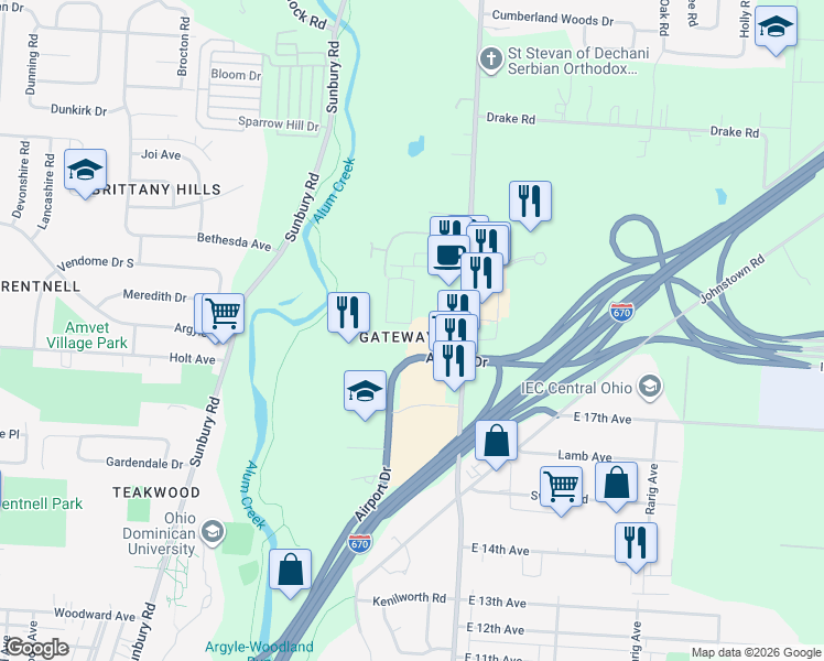 map of restaurants, bars, coffee shops, grocery stores, and more near 2900 Airport Drive in Columbus