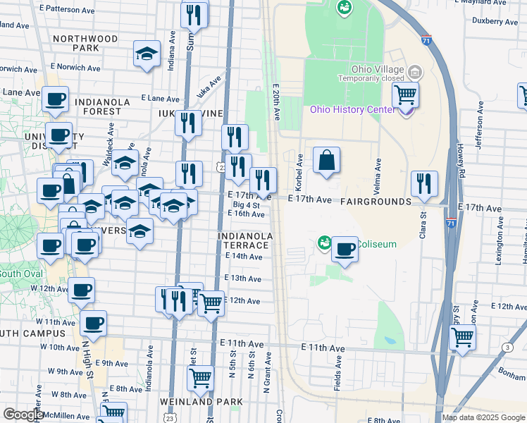 map of restaurants, bars, coffee shops, grocery stores, and more near 428 East 16th Avenue in Columbus