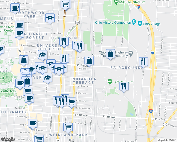 map of restaurants, bars, coffee shops, grocery stores, and more near 428 East 16th Avenue in Columbus