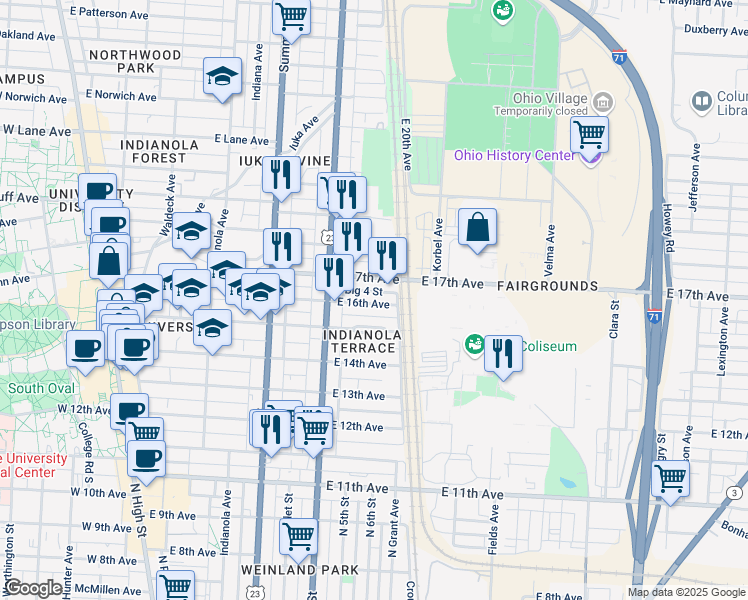 map of restaurants, bars, coffee shops, grocery stores, and more near 428 East 16th Avenue in Columbus