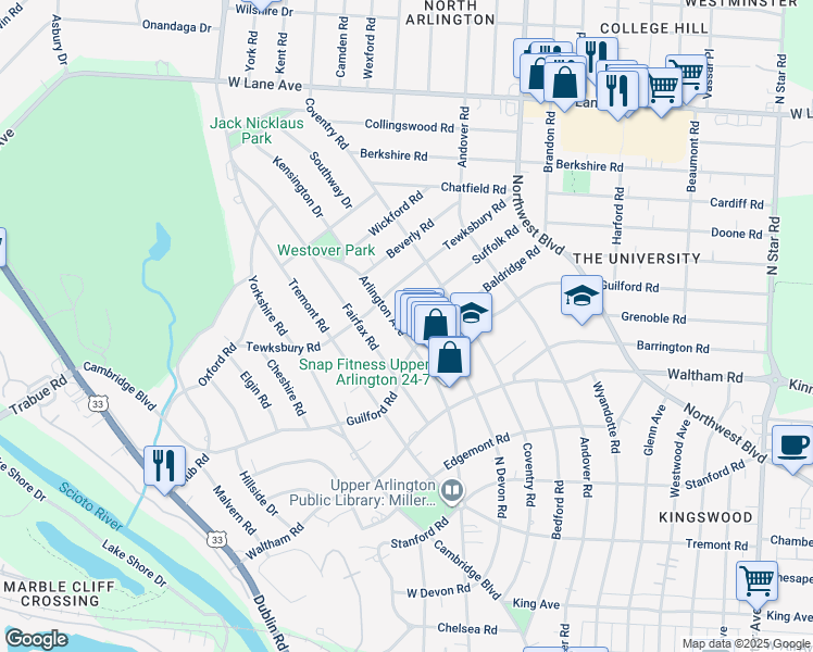 map of restaurants, bars, coffee shops, grocery stores, and more near 2164 Arlington Avenue in Upper Arlington