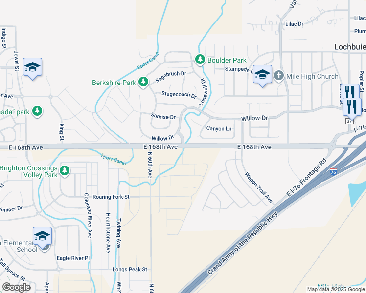 map of restaurants, bars, coffee shops, grocery stores, and more near 21770 East 168th Avenue in Lochbuie