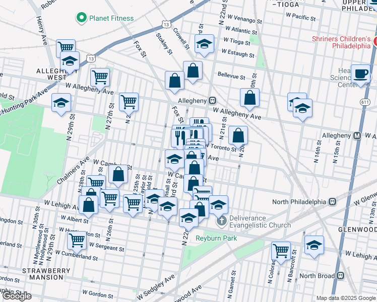map of restaurants, bars, coffee shops, grocery stores, and more near 2223 West Indiana Avenue in Philadelphia