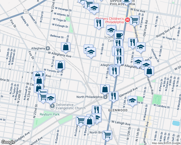 map of restaurants, bars, coffee shops, grocery stores, and more near 1646 West Clearfield Street in Philadelphia