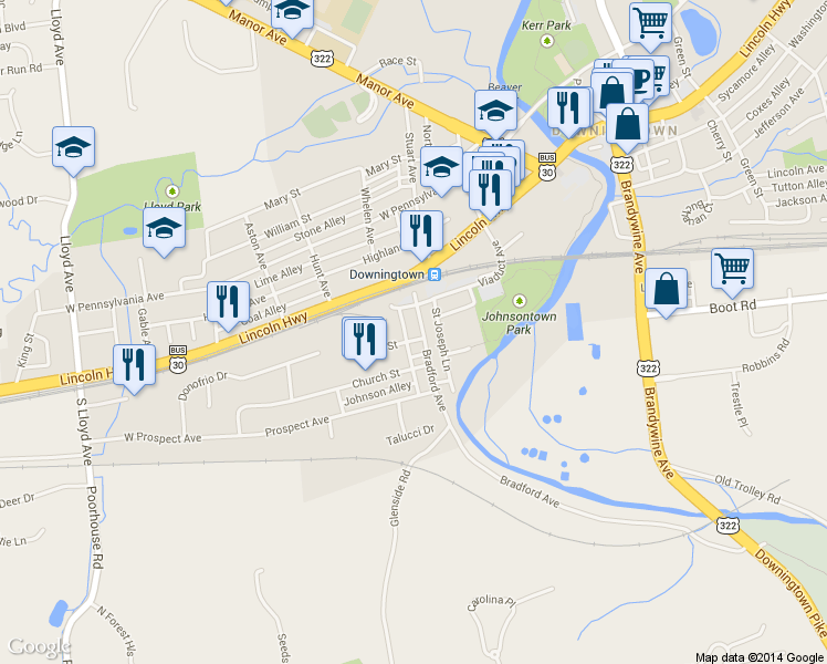 map of restaurants, bars, coffee shops, grocery stores, and more near 120 Bradford Avenue in Downingtown