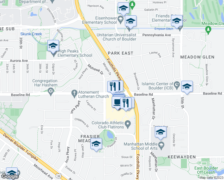 map of restaurants, bars, coffee shops, grocery stores, and more near 4705 Baseline Road in Boulder