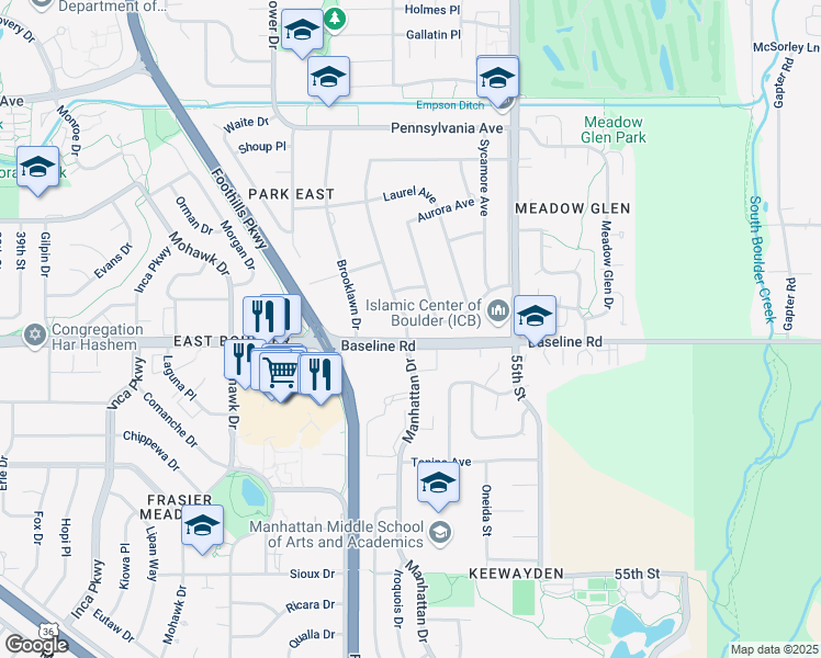 map of restaurants, bars, coffee shops, grocery stores, and more near 710 Crescent Drive in Boulder