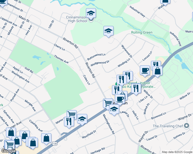map of restaurants, bars, coffee shops, grocery stores, and more near 1441 Riverton Road in Cinnaminson