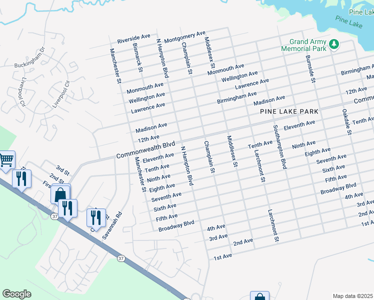map of restaurants, bars, coffee shops, grocery stores, and more near 1100 Northampton Boulevard in Toms River