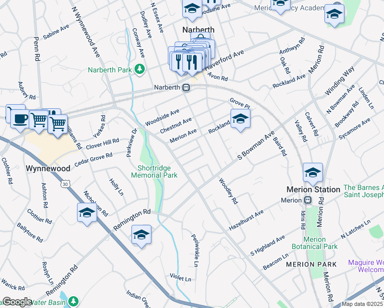 map of restaurants, bars, coffee shops, grocery stores, and more near 122 Winchester Rd in Merion Station
