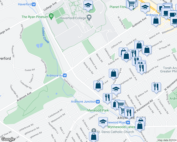 map of restaurants, bars, coffee shops, grocery stores, and more near 2920 Rising Sun Road in Ardmore
