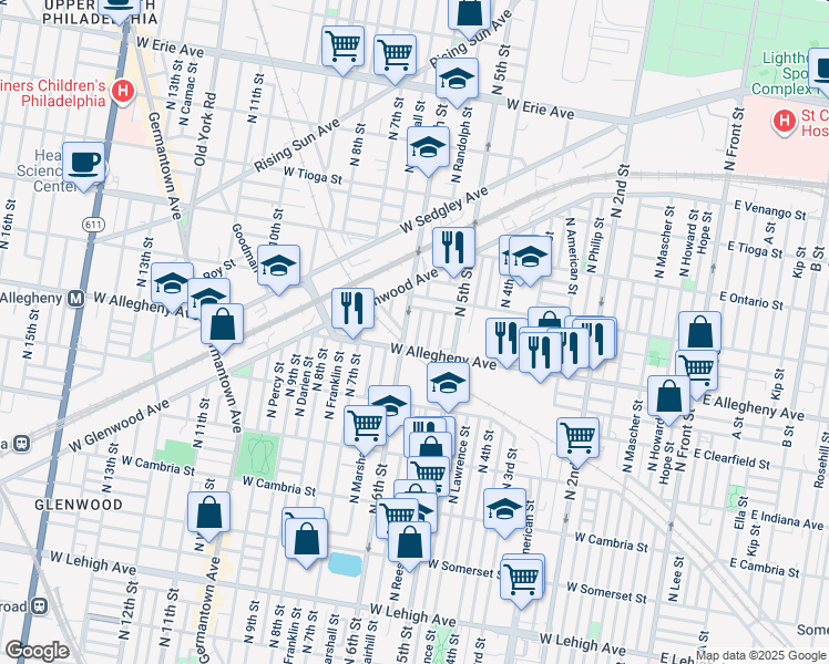 map of restaurants, bars, coffee shops, grocery stores, and more near 3220 North Fairhill Street in Philadelphia