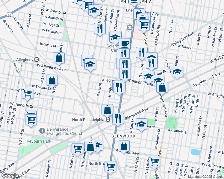 map of restaurants, bars, coffee shops, grocery stores, and more near 3111 North 15th Street in Philadelphia