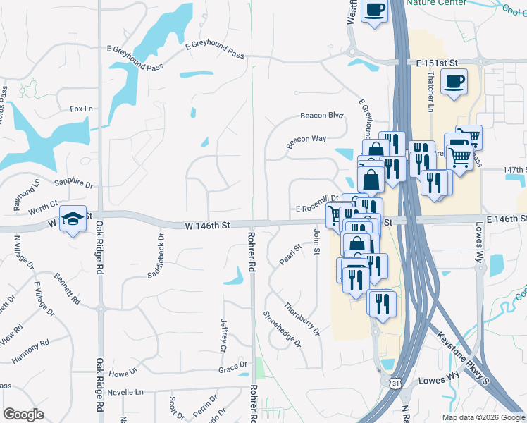 map of restaurants, bars, coffee shops, grocery stores, and more near 14610 Beacon Boulevard in Carmel