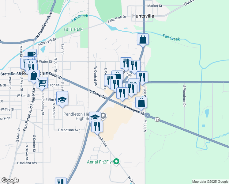 map of restaurants, bars, coffee shops, grocery stores, and more near Indiana 9 in Pendleton