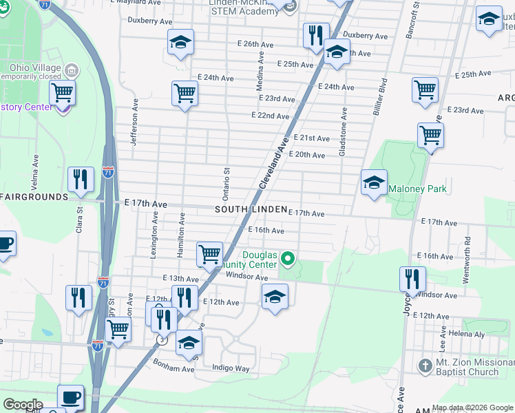 map of restaurants, bars, coffee shops, grocery stores, and more near 1698 Cleveland Avenue in Columbus
