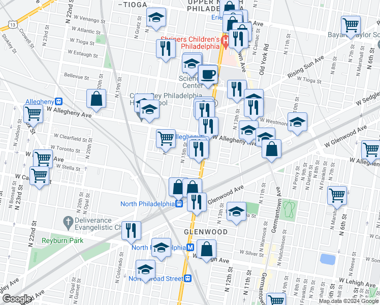 map of restaurants, bars, coffee shops, grocery stores, and more near 3114 North Carlisle Street in Philadelphia