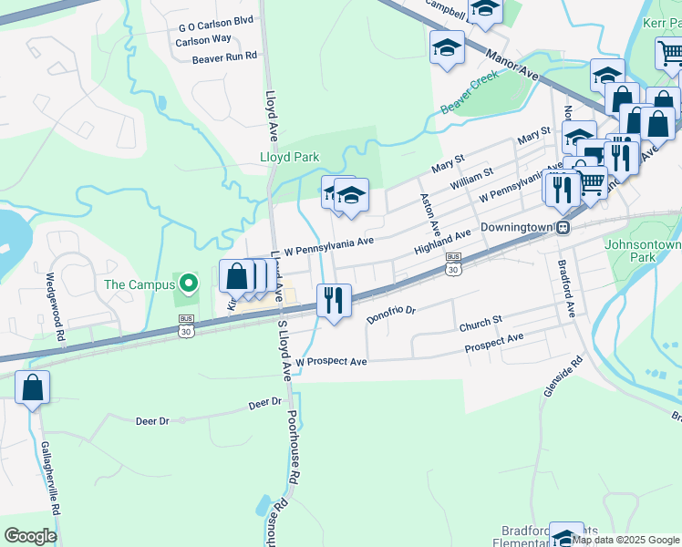 map of restaurants, bars, coffee shops, grocery stores, and more near 620 Highland Avenue in Downingtown