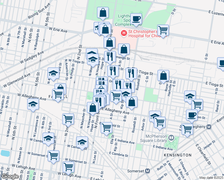 map of restaurants, bars, coffee shops, grocery stores, and more near 3319 North Water Street in Philadelphia