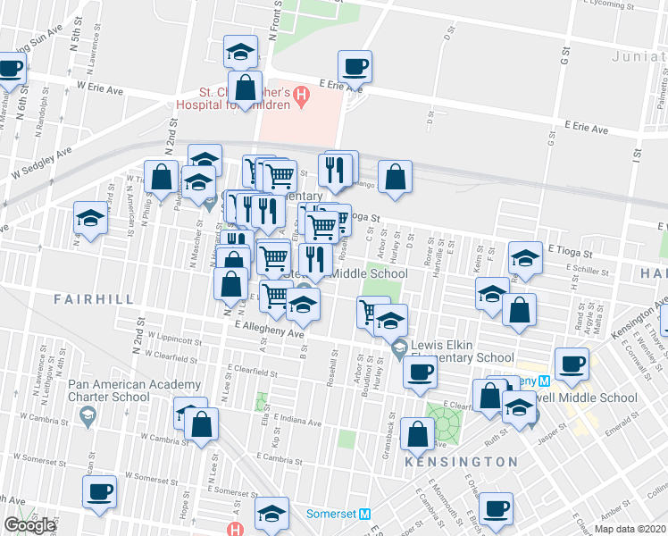 map of restaurants, bars, coffee shops, grocery stores, and more near 324 East Thayer Street in Philadelphia
