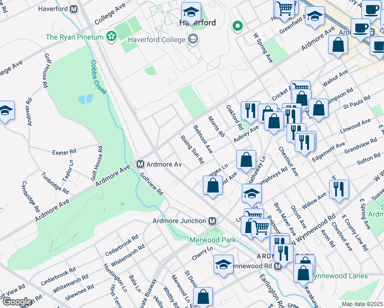 map of restaurants, bars, coffee shops, grocery stores, and more near 2920 Rising Sun Road in Ardmore