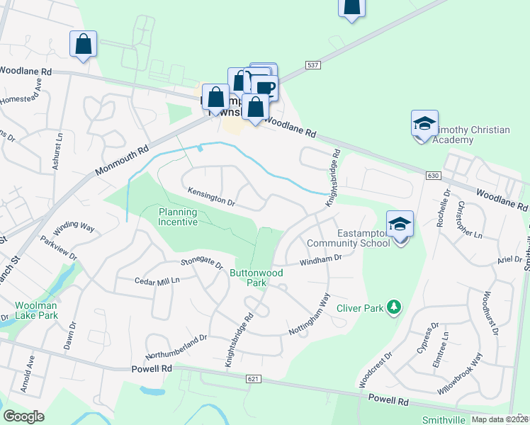 map of restaurants, bars, coffee shops, grocery stores, and more near 9 Kensington Drive in Eastampton Township