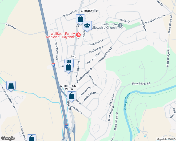 map of restaurants, bars, coffee shops, grocery stores, and more near 323 Woodland View Drive in York