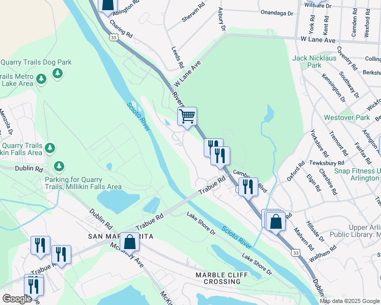 map of restaurants, bars, coffee shops, grocery stores, and more near 2215 Lane Woods Drive in Columbus