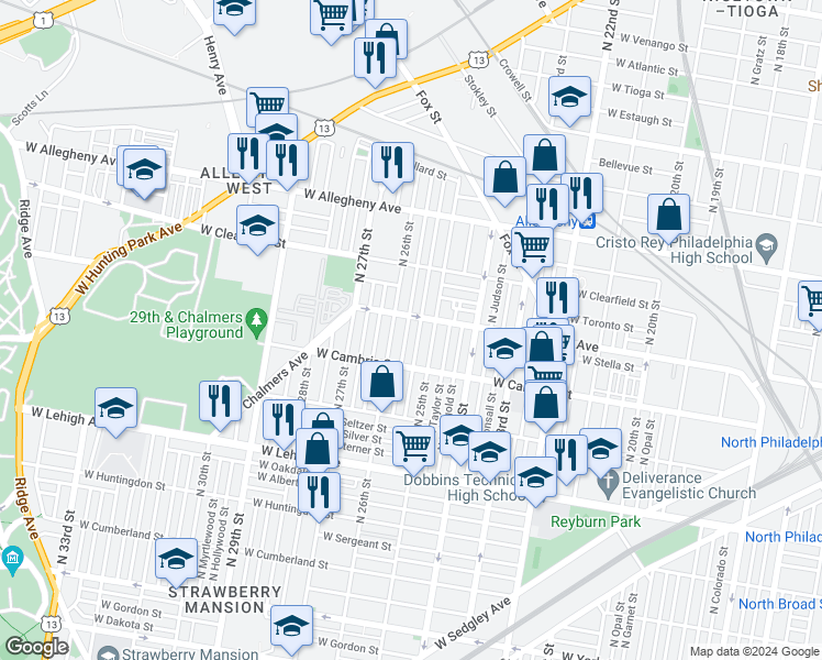 map of restaurants, bars, coffee shops, grocery stores, and more near 2953 North Bambrey Street in Philadelphia