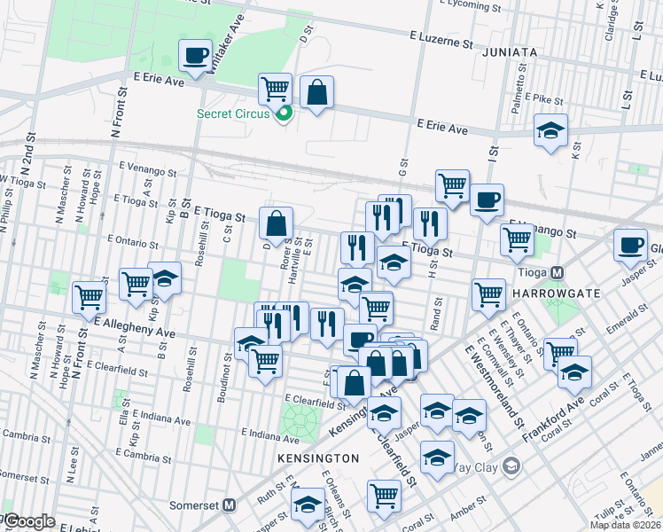map of restaurants, bars, coffee shops, grocery stores, and more near 3413 Keim Street in Philadelphia