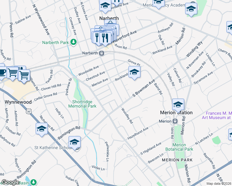 map of restaurants, bars, coffee shops, grocery stores, and more near 518 Valley-View Road in Merion Station