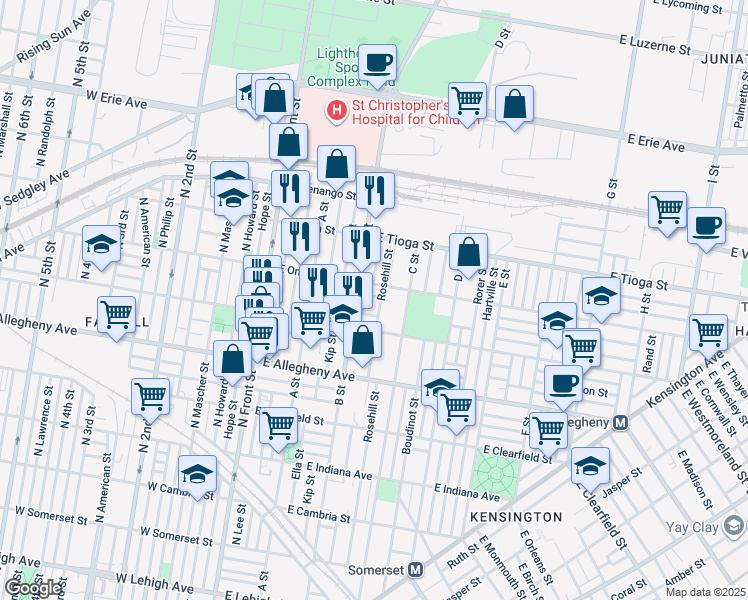 map of restaurants, bars, coffee shops, grocery stores, and more near 324 East Thayer Street in Philadelphia