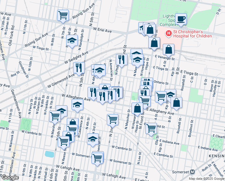 map of restaurants, bars, coffee shops, grocery stores, and more near 3258 North Philip Street in Philadelphia