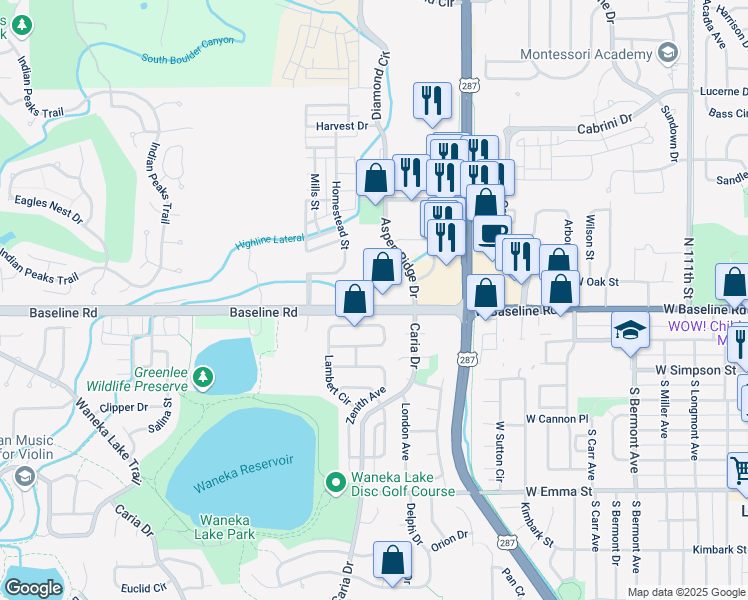map of restaurants, bars, coffee shops, grocery stores, and more near 1317 West Baseline Road in Lafayette