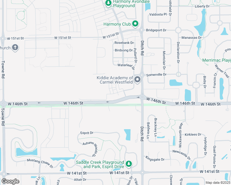 map of restaurants, bars, coffee shops, grocery stores, and more near 1624 Waterleaf Drive in Westfield