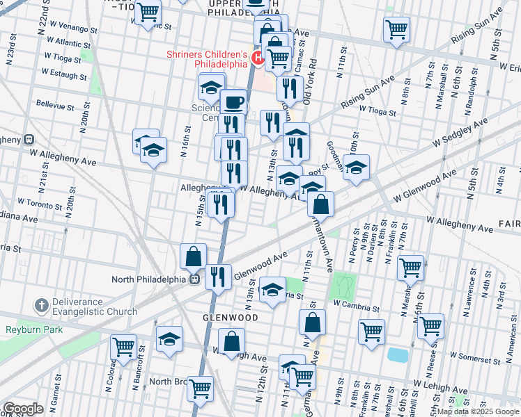 map of restaurants, bars, coffee shops, grocery stores, and more near 1307 West Lippincott Street in Philadelphia
