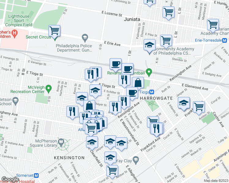 map of restaurants, bars, coffee shops, grocery stores, and more near 923 East Schiller Street in Philadelphia